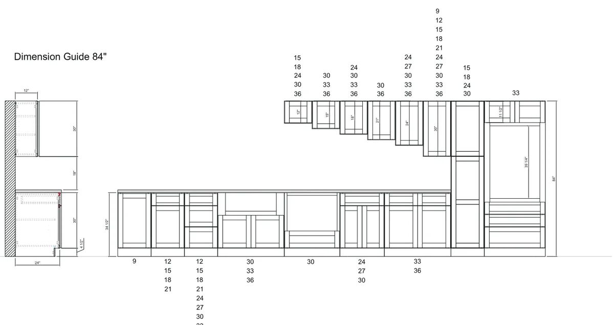 ECG alignment guide for an 84 inch wall with base, wall and pantry cabinet elevations