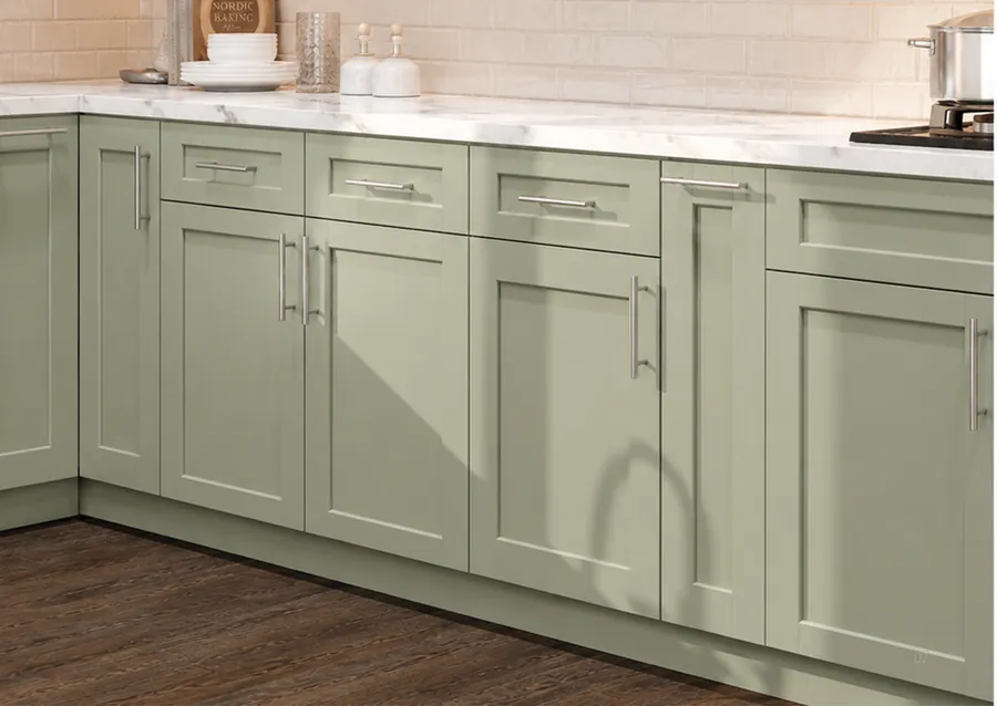 Shaker Evergreen cabinets shown as a finish sample
