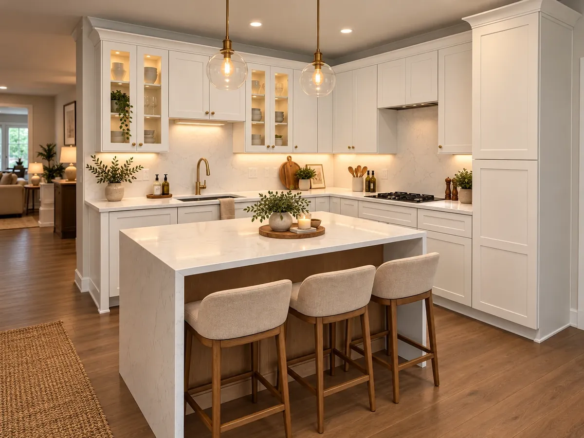 Kitchen with Shaker White cabinets, glass-front wall cabinets, a tall pantry and a waterfall island