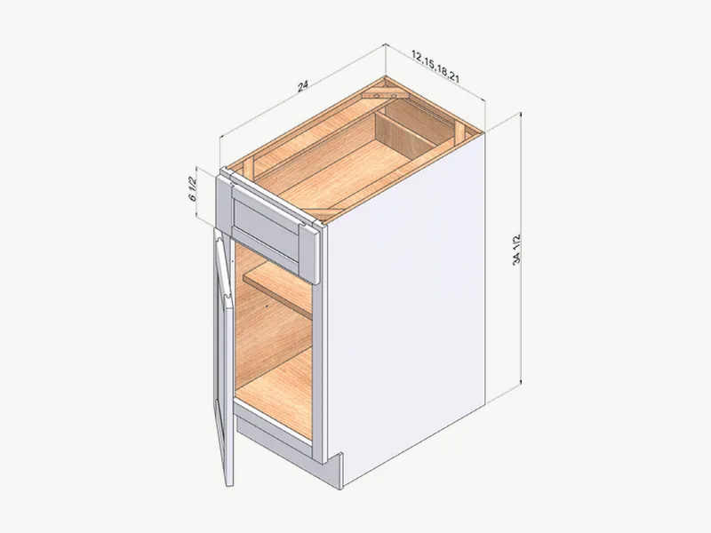 Catalog drawing of a Shaker base cabinet with its width, and depth