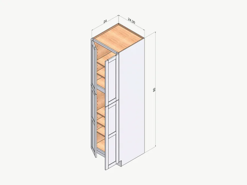 Tall Shaker pantry cabinet with upper and lower doors, shown with dimensions