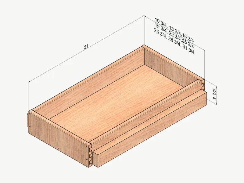 Dovetail roll-out tray for a base cabinet, shown with dimensions