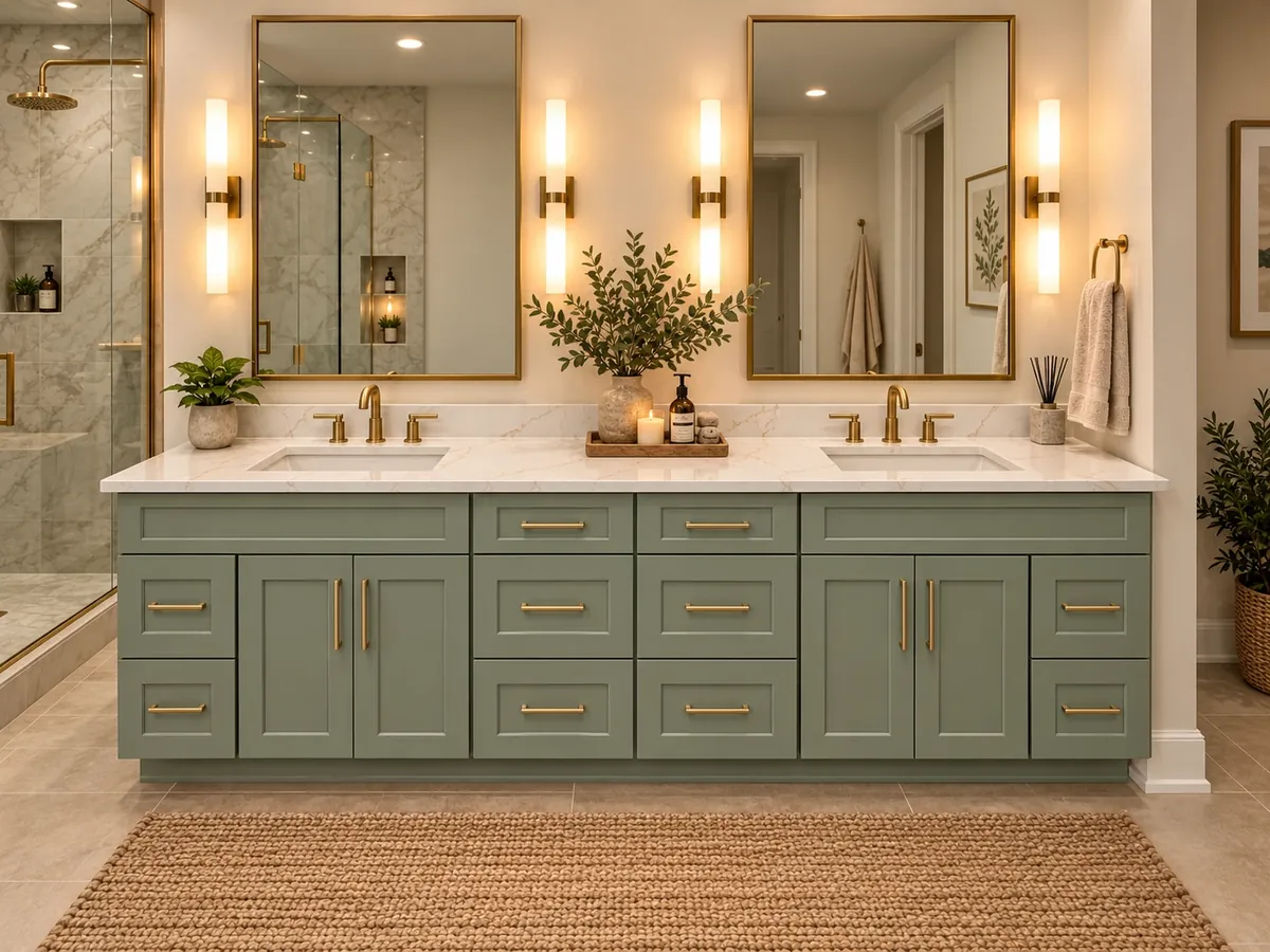 Double vanity built from Shaker Evergreen sink bases and drawer bases with brass pulls