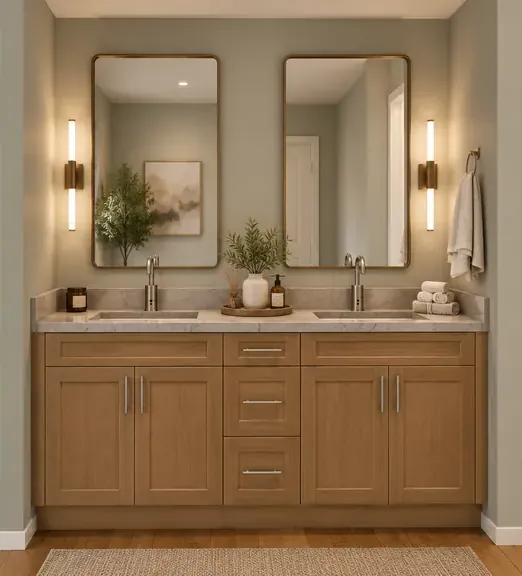 Double vanity in Shaker Lightwood: two sink bases and a three-drawer base, 21 inches deep